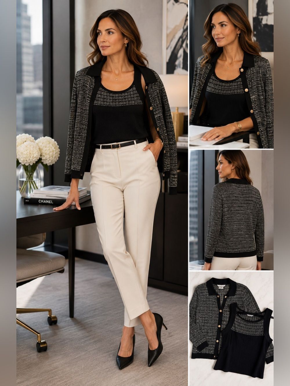 MISOOK- 2 Piece Matching Tank Sweater Set Black Blue Metallic, Size L Petite